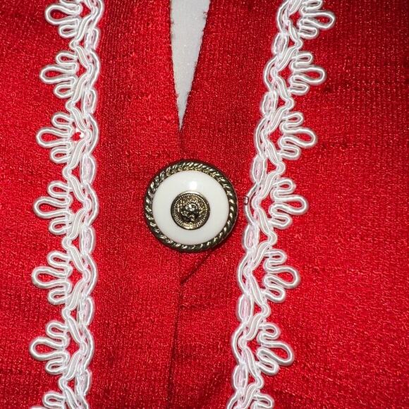 Pablo Collection Red Polyester Skirt Suit with White Loop Trim 1980s Power Suit - Picture 10 of 11